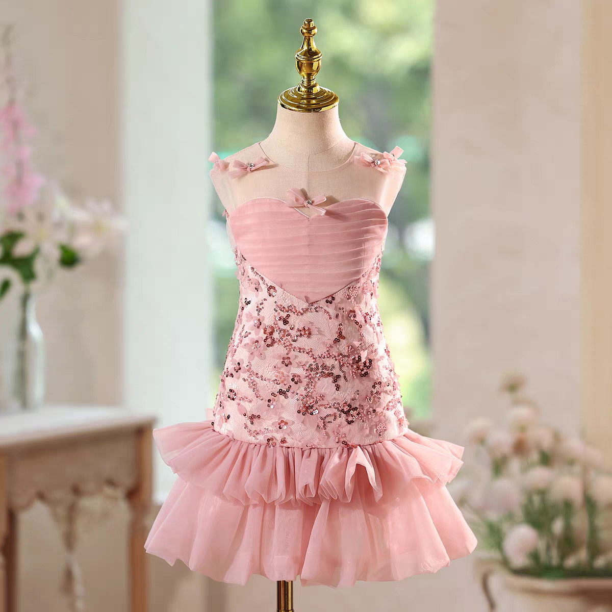 Pink Tulle Gown with Sequins Bows Layered Ruffles Birthday Party D143