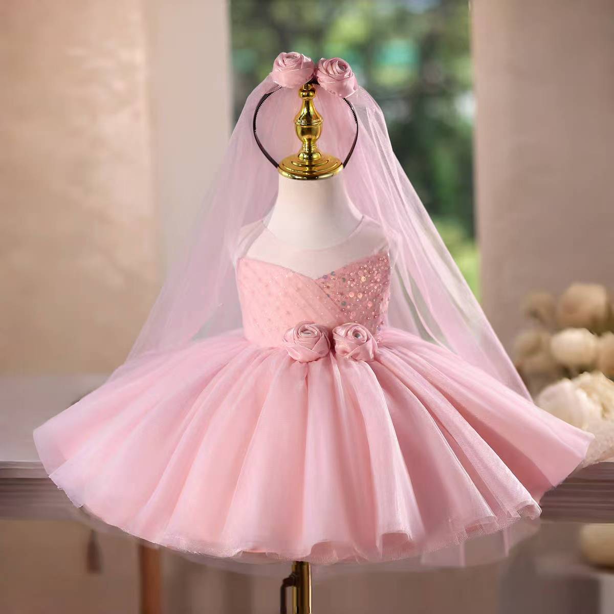 Pink Flower Girl Dress Knee Length Birthday Party Gown D153