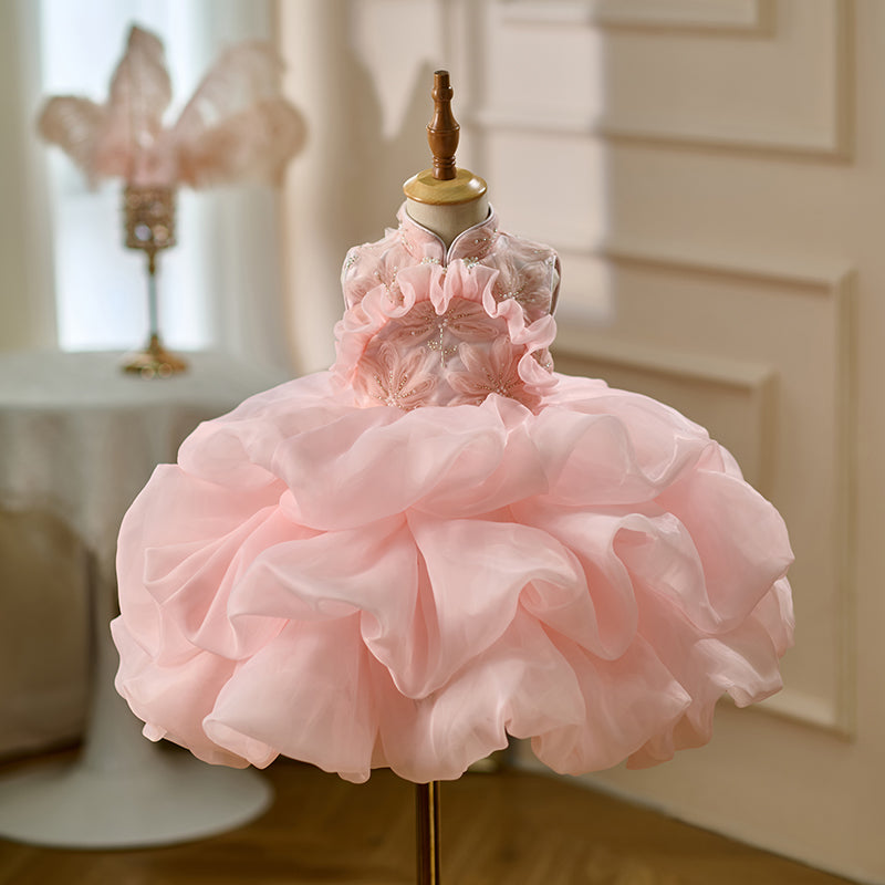 Elegant Pink Flower Girl Dress Kids Princess Birthday Gown D164