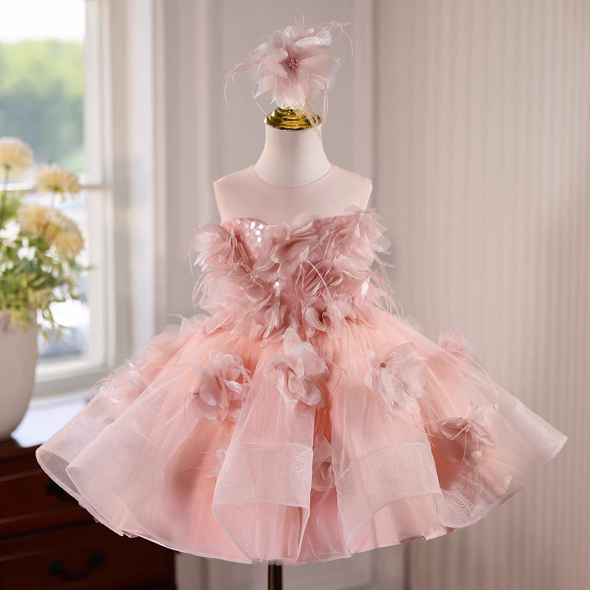 Jill Charming Pink Applique Feather Tulle Flower Girl Dress J564