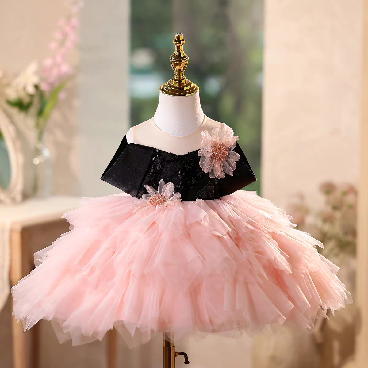 Jill Charming Pink Applique Sleeveless Tulle Flower Girl Dress D112