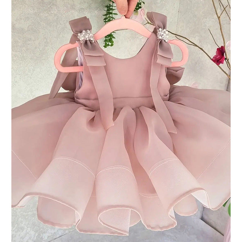 Classic Princess Dress with Pearl Bow Details Perfect for Special Occasions M048