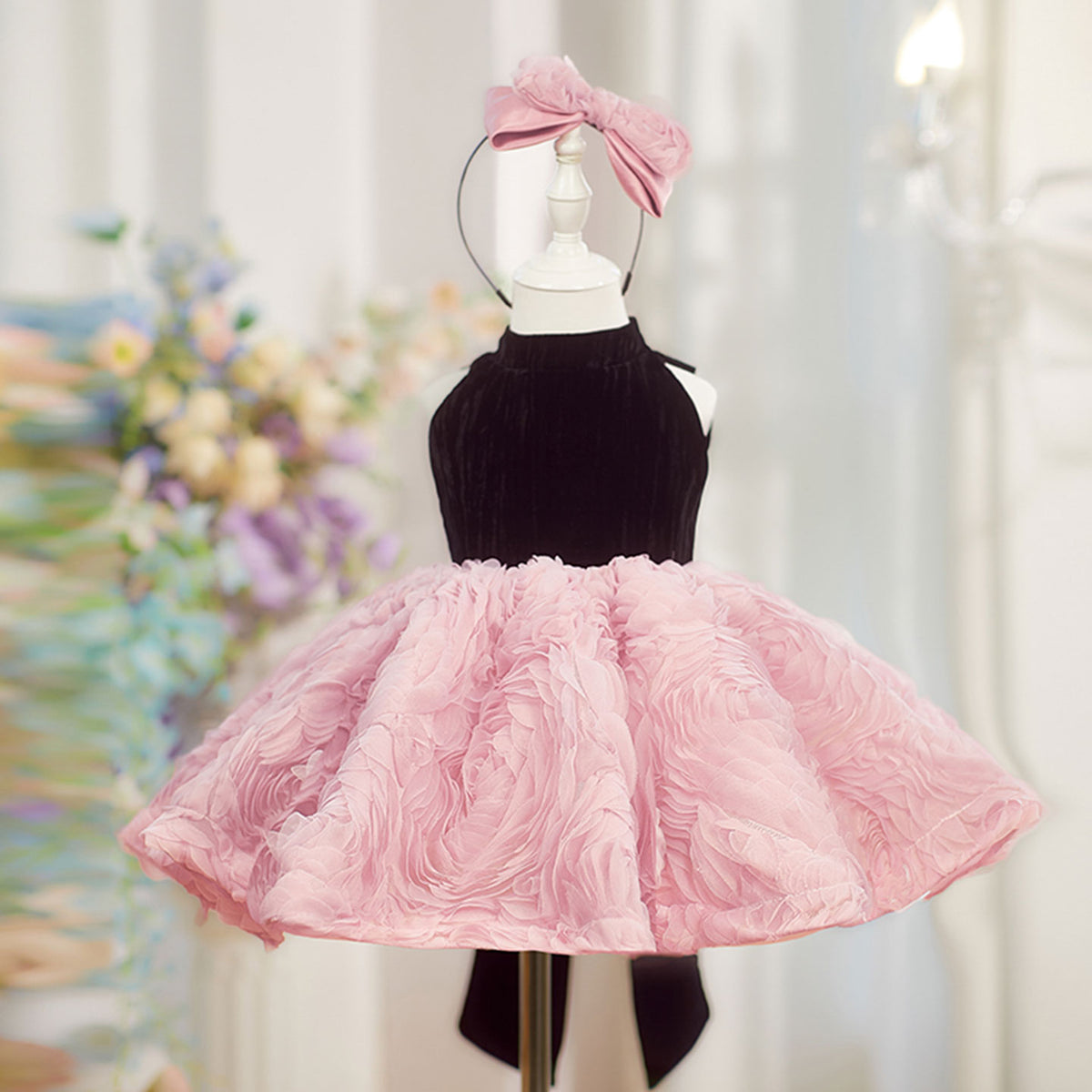 Elegant Pink Girl Dress Knee Length Kids Princess Birthday Gown J847
