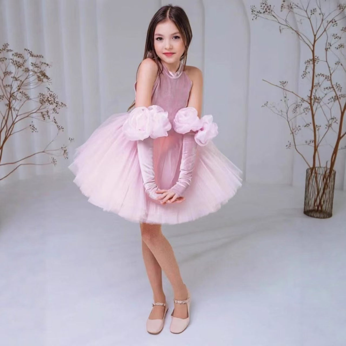 Half Sleeve Princess Girl Dress Handmade Flowers Birthday Party Gown J594
