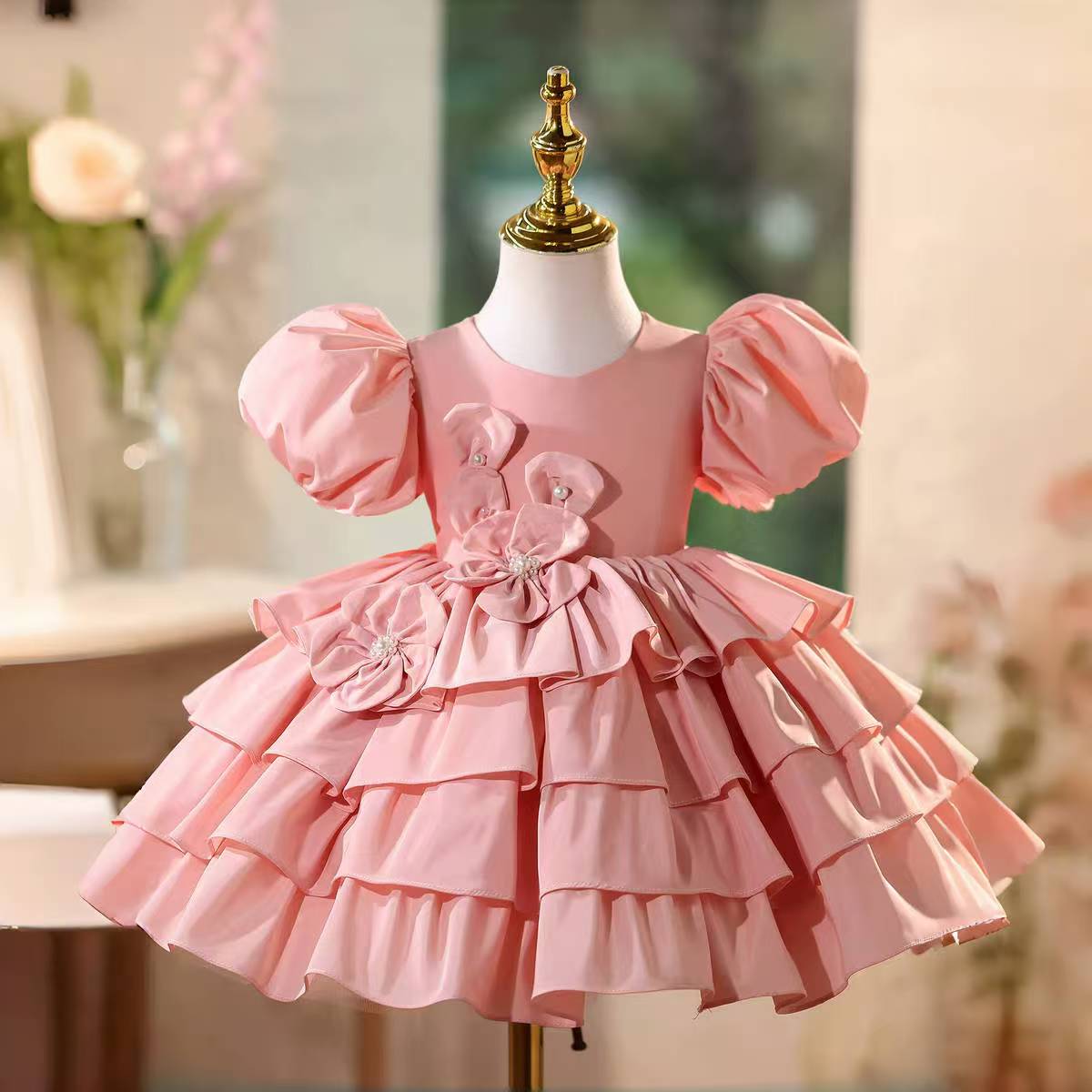 Luxury Pink Party Dress with 3D Flowers and Pearls Flower Girl Dress J585