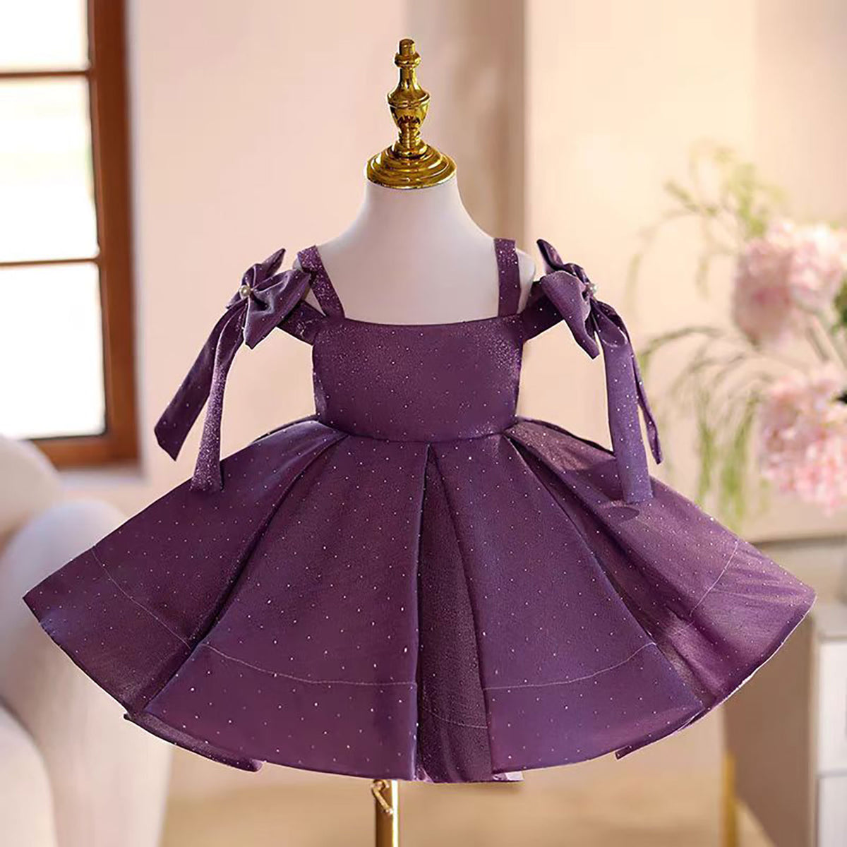 Jill Purple Off-Shoulder Polka Dot Knee-Length Flower Girl Dresses D095