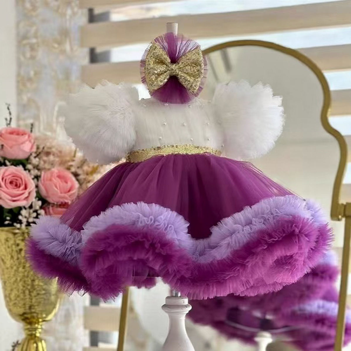Purple Princess Girl Dress Knee Length Kids Birthday Party Gown D172