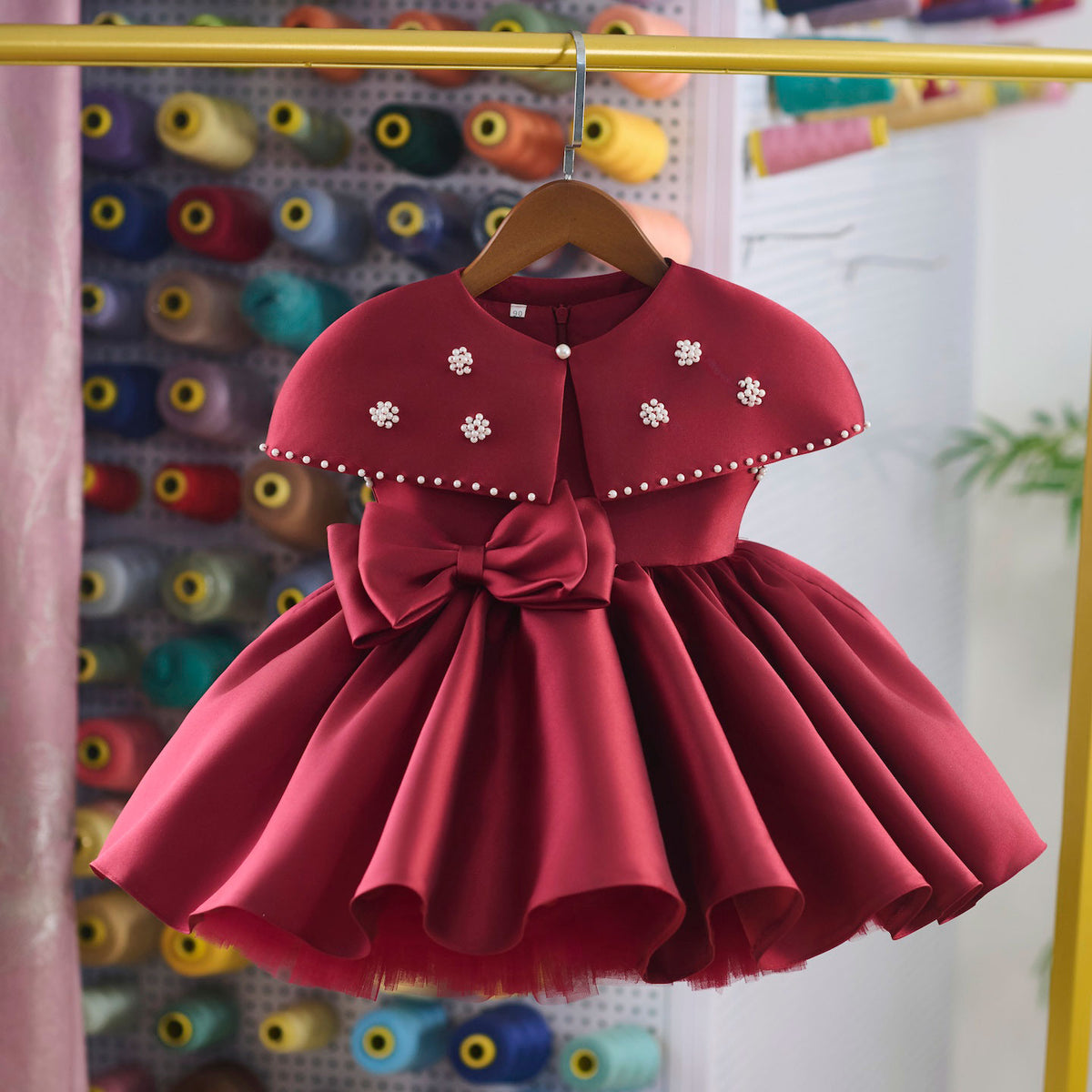 Girls' Red Party Dress Capelet Sleeve with Pearl Detail Big Bow Waist D252