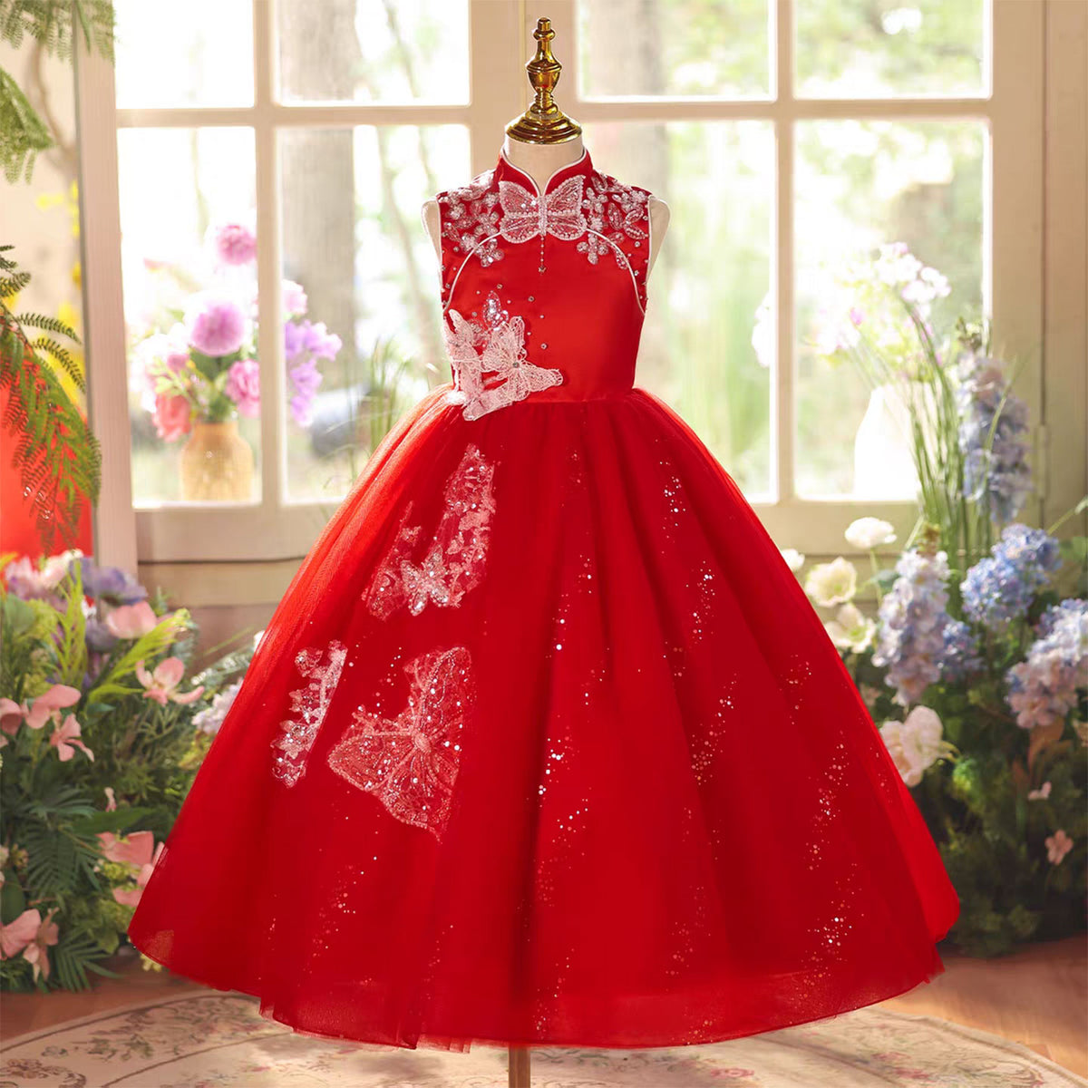 Red Princess Girl Dress Beading Birthday Pageant Party Gown D220