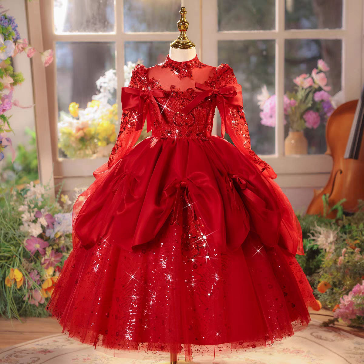 Luxury Red Long Sleeve Ball Gown with Sequins & Oversized Bow for Girls J609