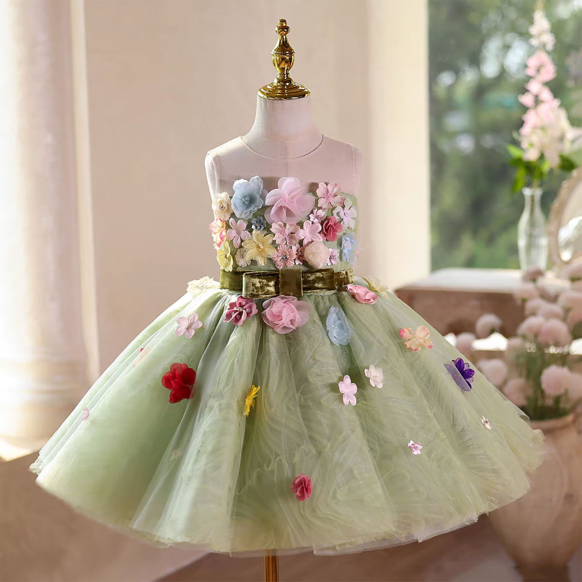 Green Flower Girl Dress 3D Flowers Birthday Garden Wedding J578