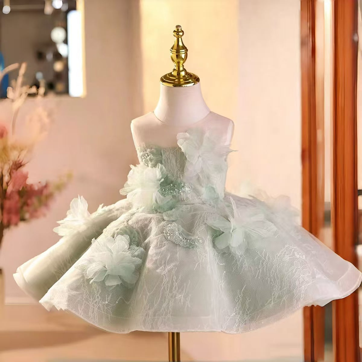 Sage Green Flower Girl Dress for Girls Tulle Ball Gown with Floral Appliques for Party D259