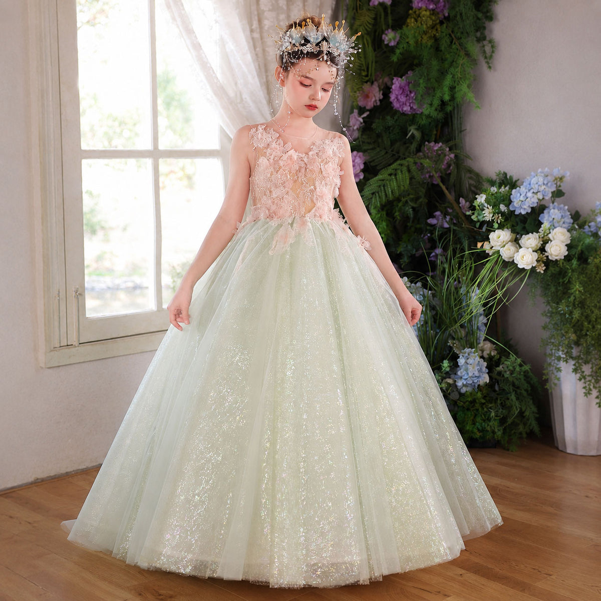 Sage Green Flower Girl Dress with Lace Applique Tulle Ball Gown J118