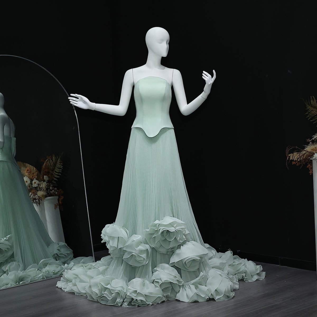 Elegant Green Strapless 3D Flowers Evening Dress SF300