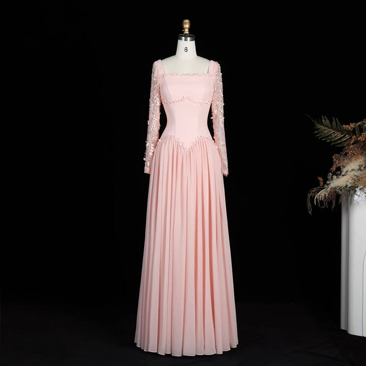 SF239 Pink square neck long sleeve floral evening dress view 1