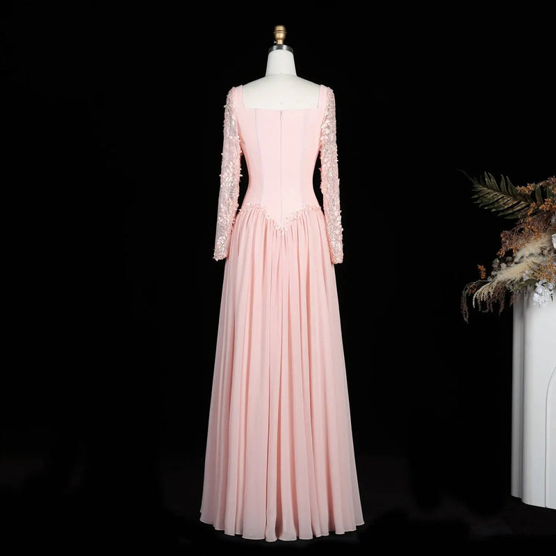 SF239 Pink square neck long sleeve floral evening dress view 2