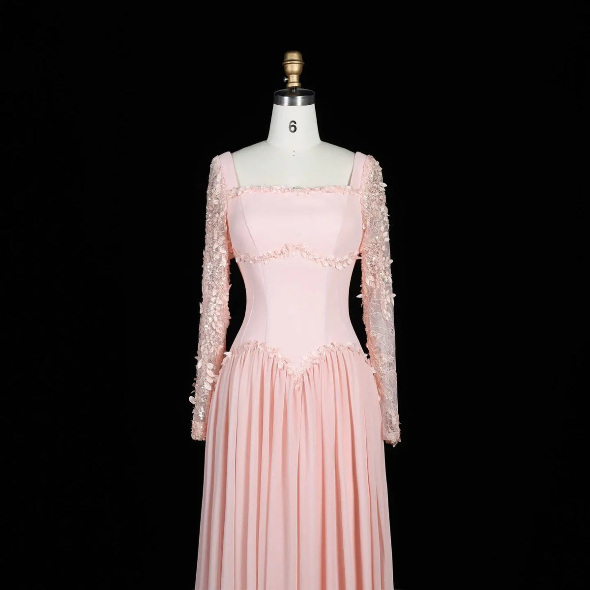 SF239 Pink square neck long sleeve floral evening dress view 5