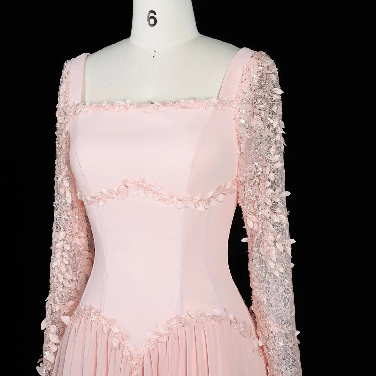 SF239 Pink square neck long sleeve floral evening dress view 7