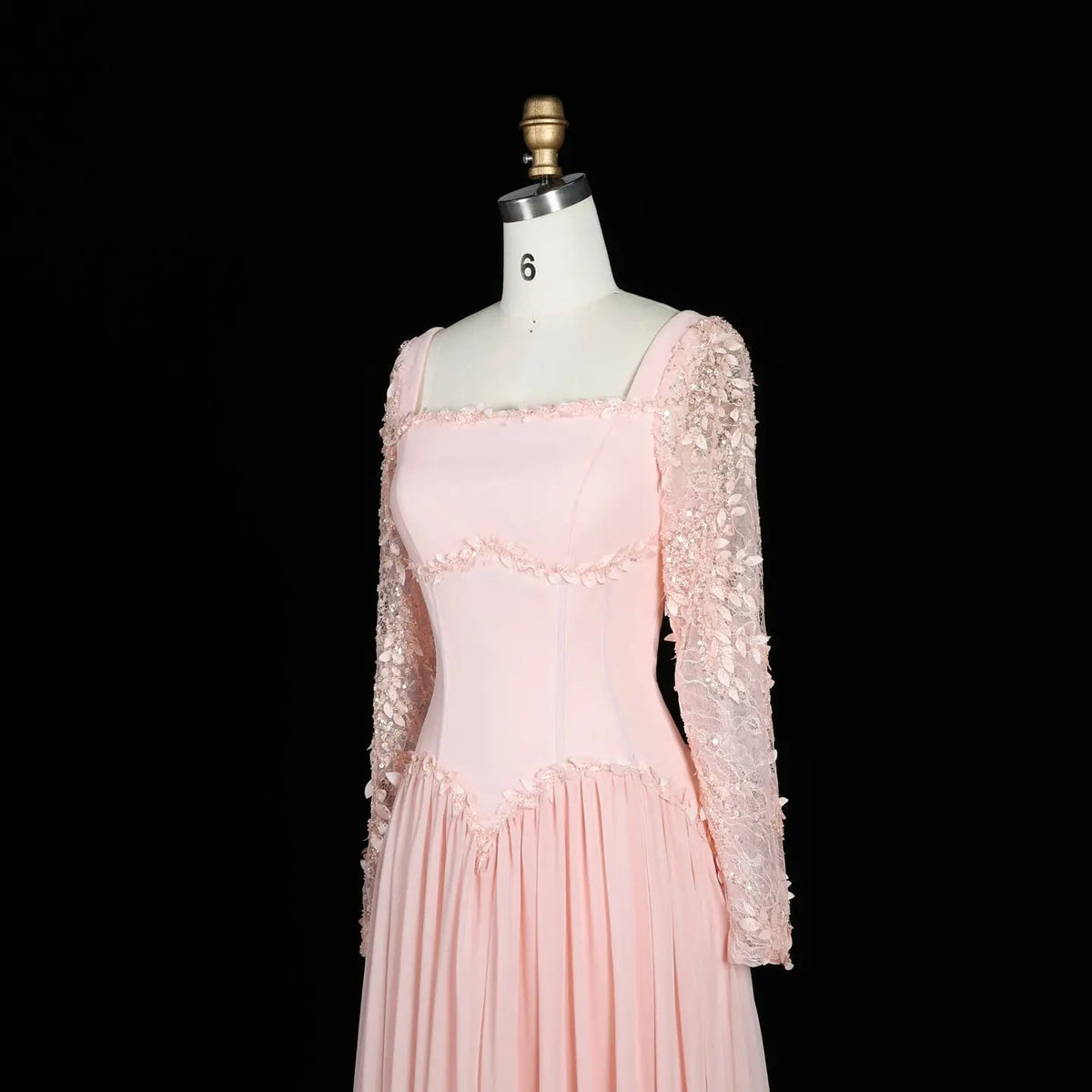 SF239 Pink square neck long sleeve floral evening dress view 8