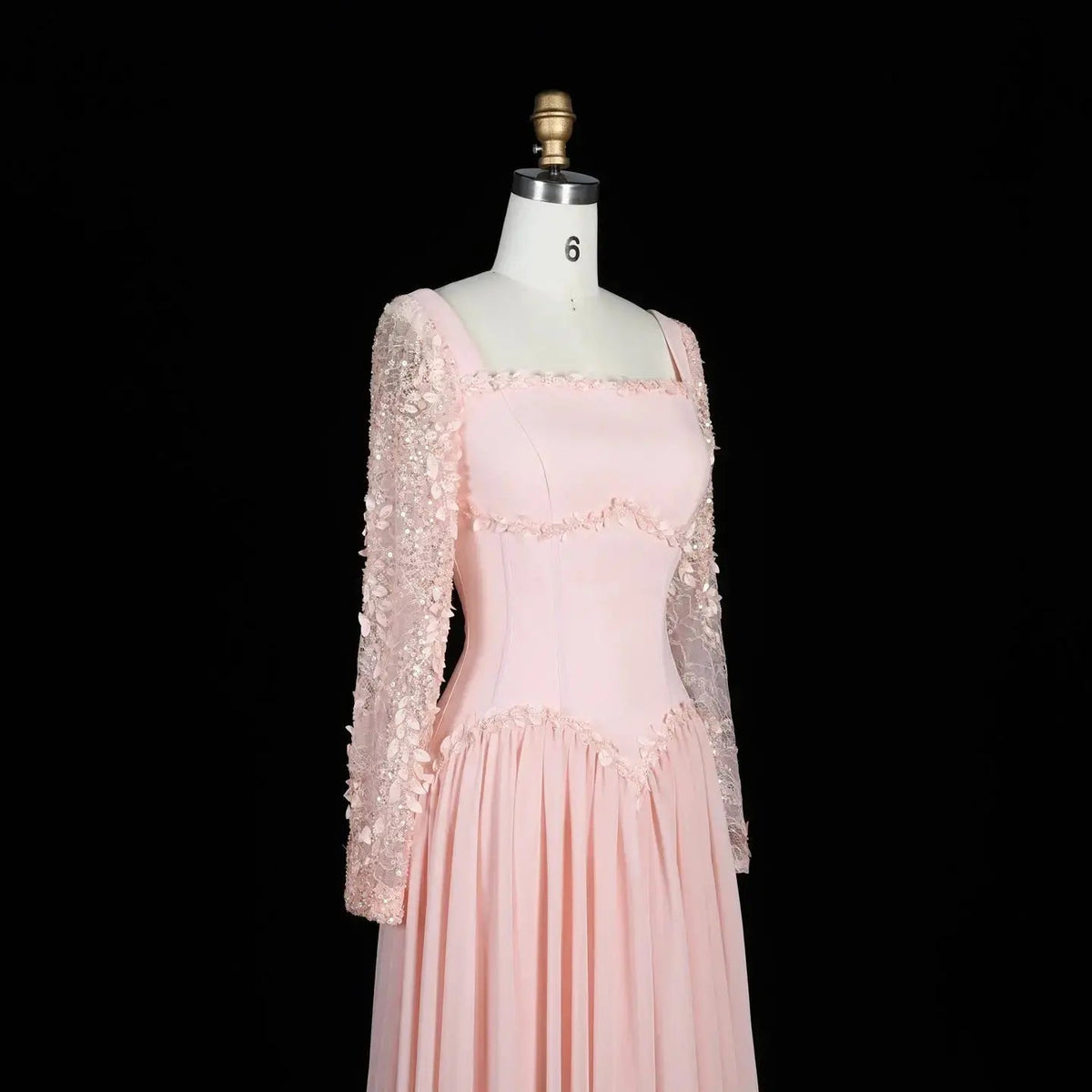 SF239 Pink square neck long sleeve floral evening dress view 9