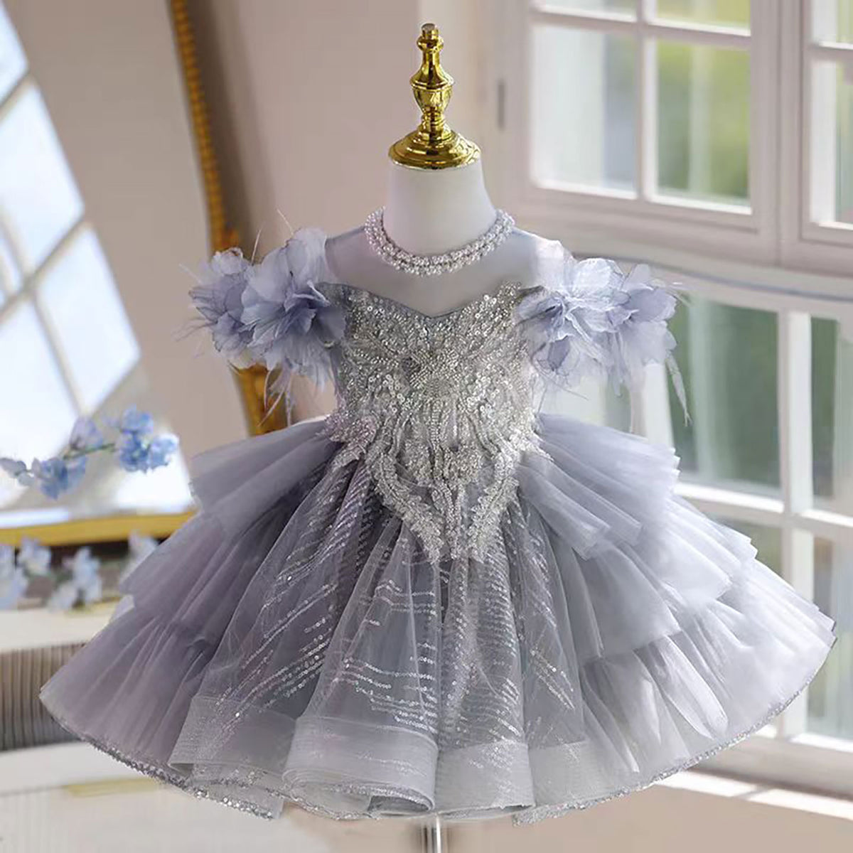Jill O-Neck Pearled Tiered Flower Girl Princess Dress Luxury D040
