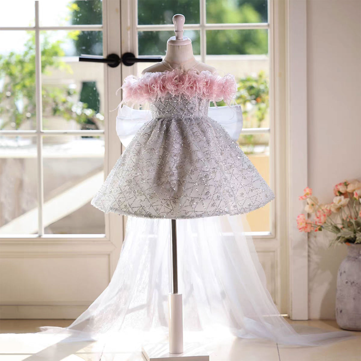 Elegant Off-Shoulder Silver Sparkle Flower Girl Dress with Bow and Train D146