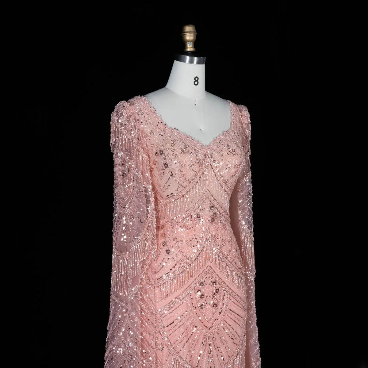 SS015 pink geometric beaded V-neck long sleeve evening dress
