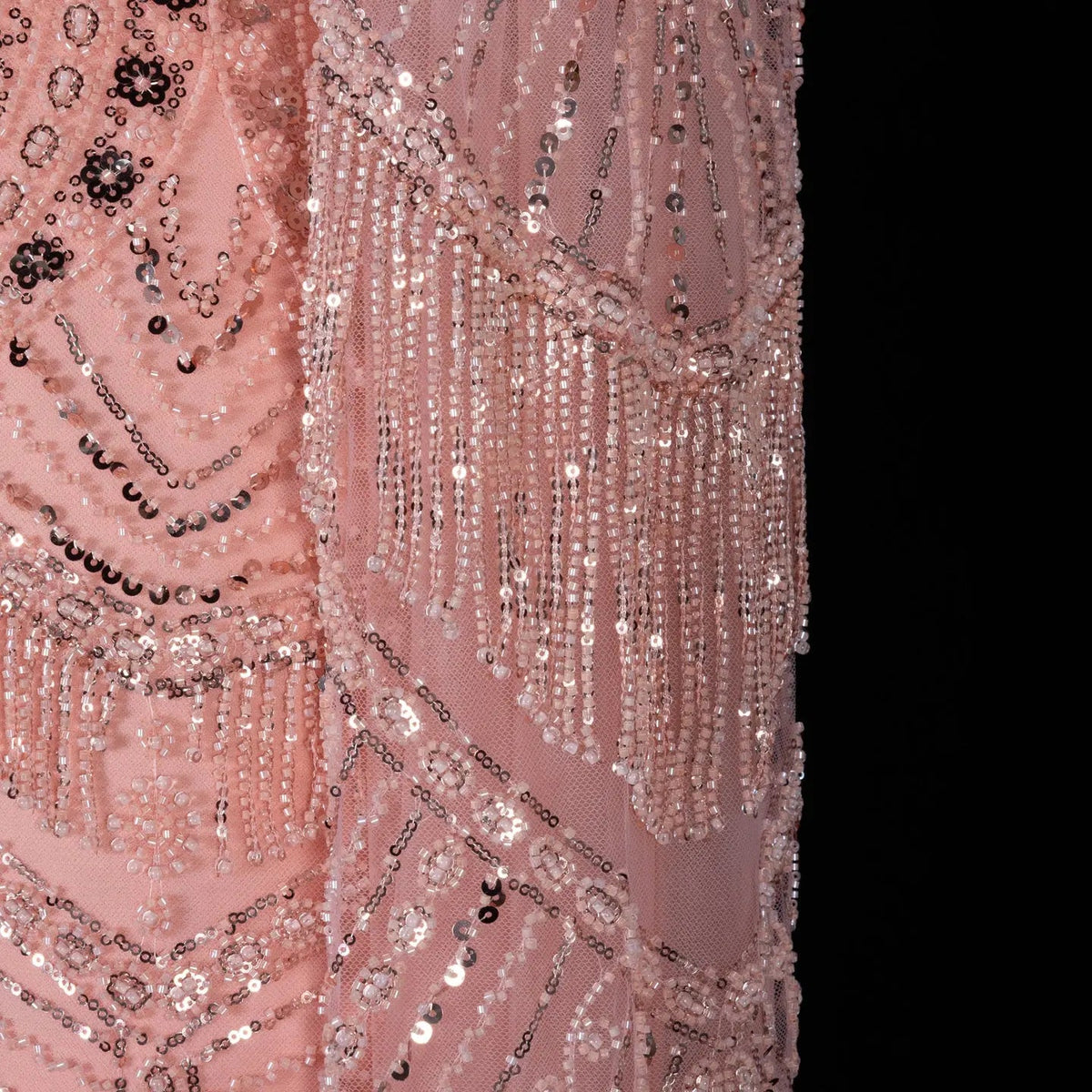 SS015 pink geometric beaded V-neck long sleeve evening dress