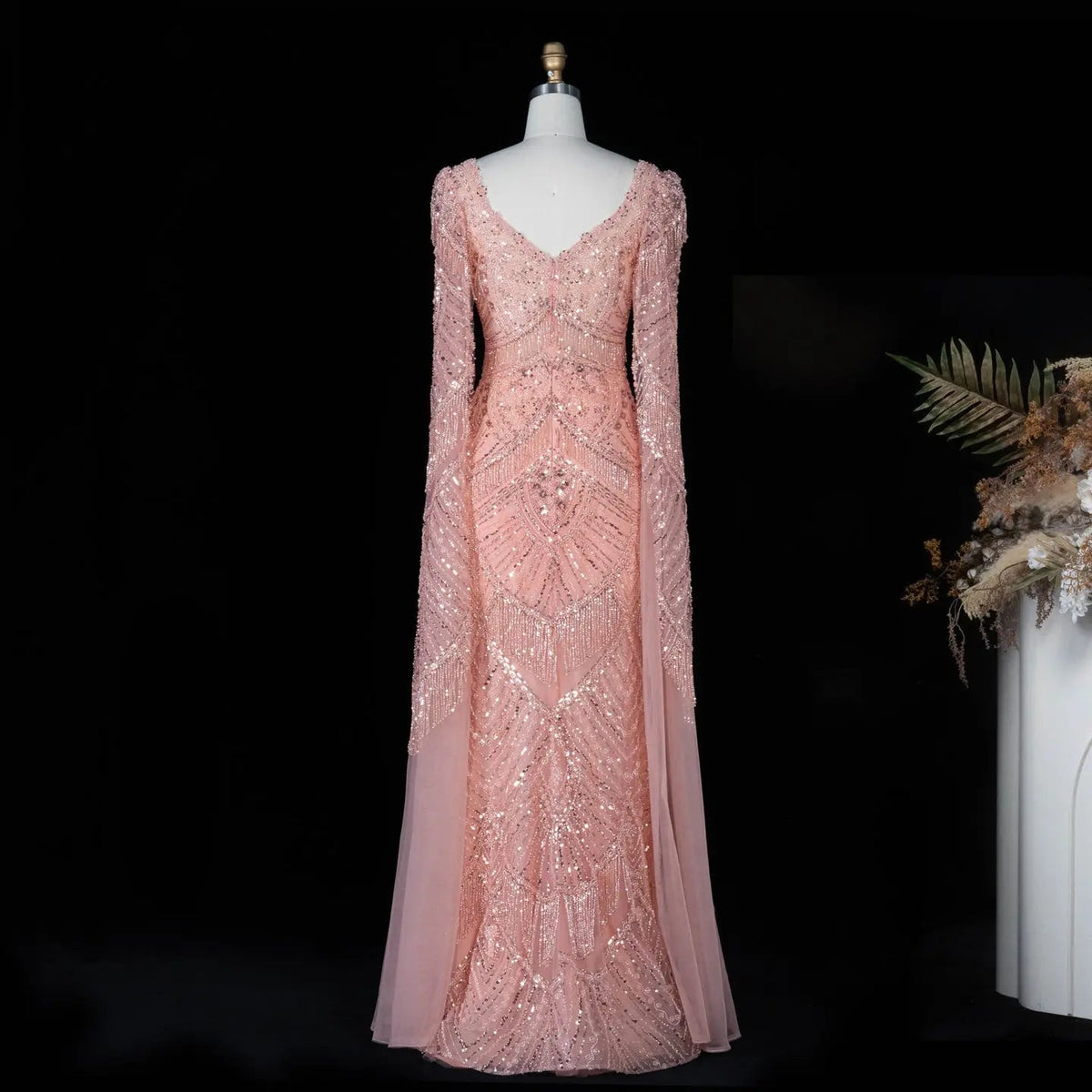 SS015 pink geometric beaded V-neck long sleeve evening dress