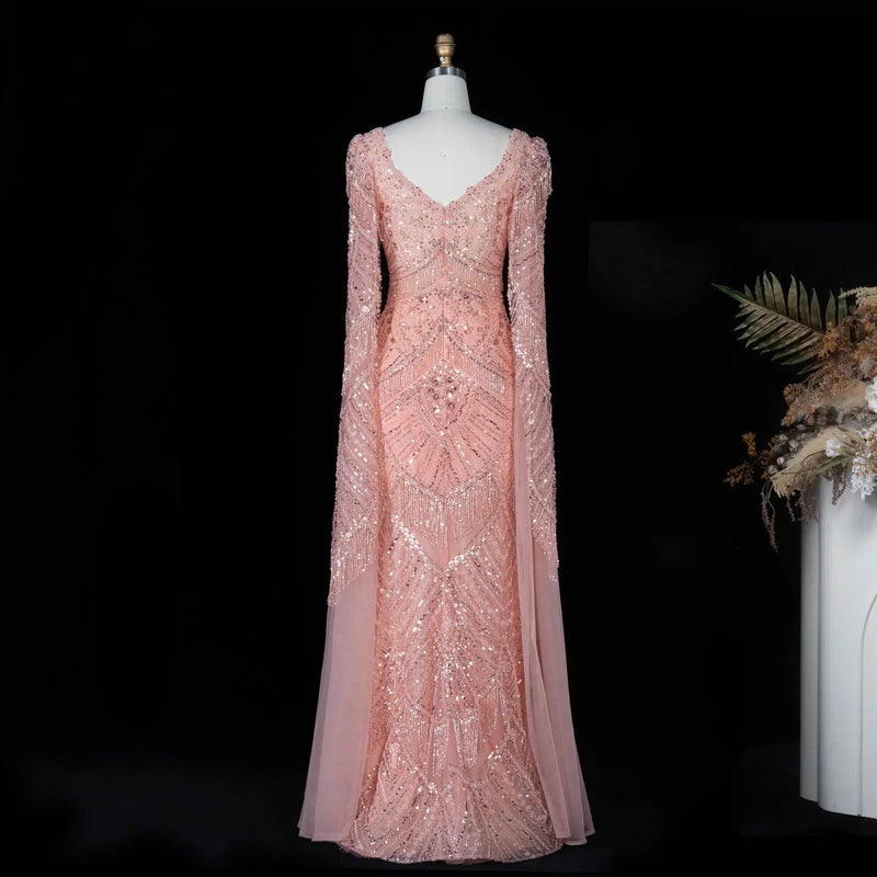 SS015 pink geometric beaded V-neck long sleeve evening dress