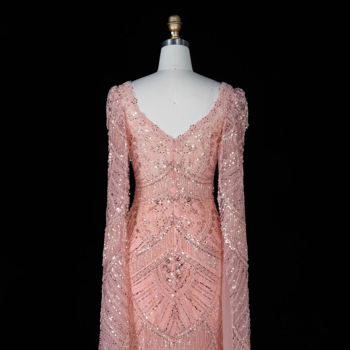 SS015 pink geometric beaded V-neck long sleeve evening dress