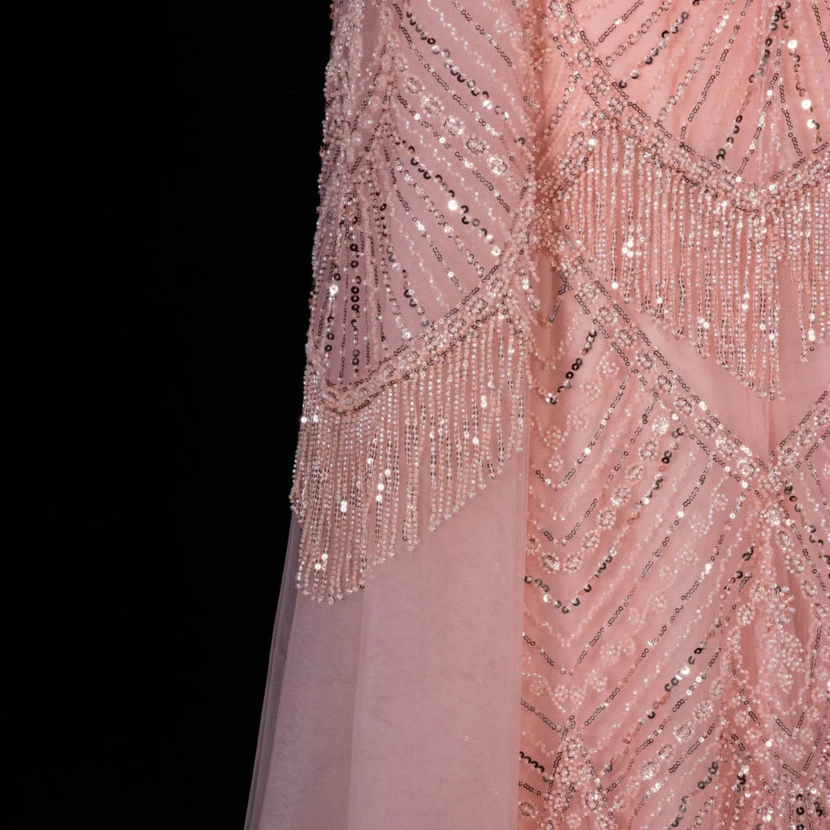SS015 pink geometric beaded V-neck long sleeve evening dress