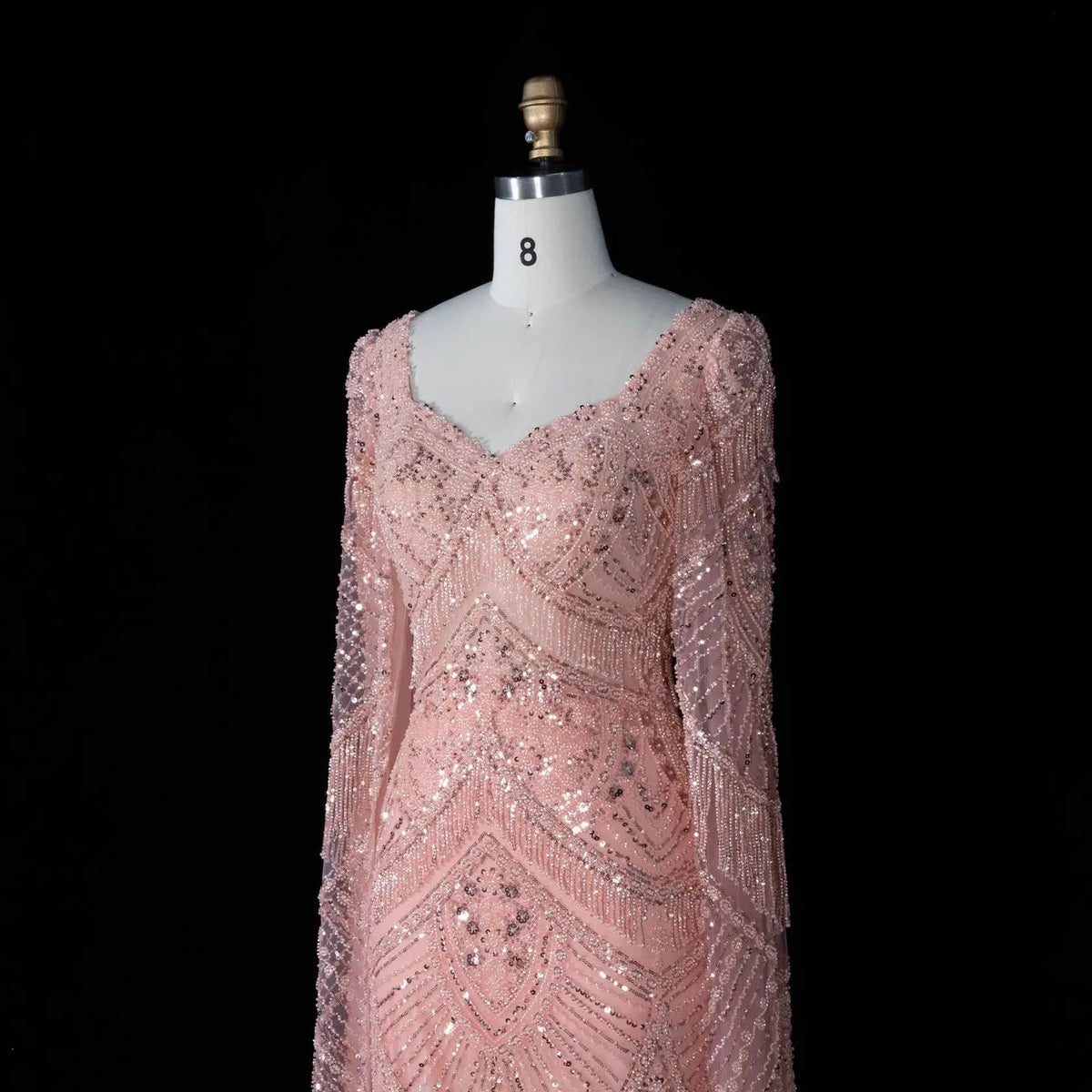SS015 pink geometric beaded V-neck long sleeve evening dress