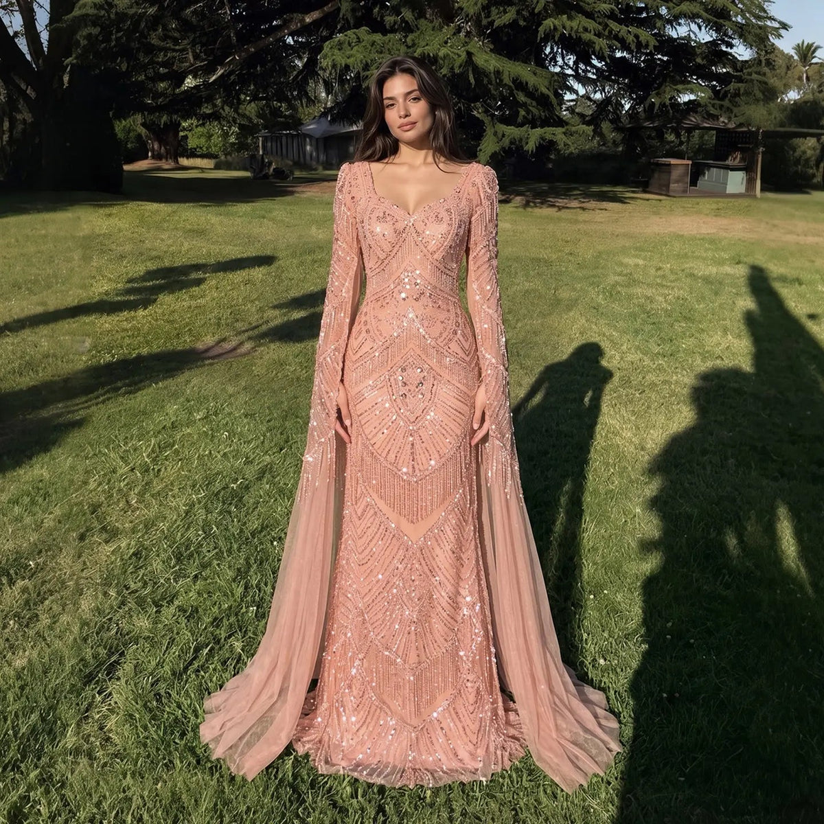 SS015 pink geometric beaded V-neck long sleeve evening dress