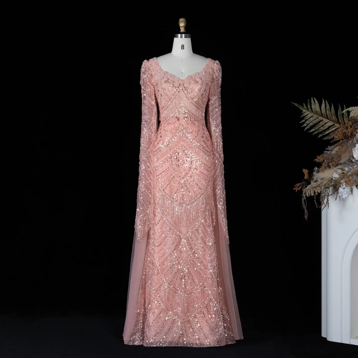 SS015 pink geometric beaded V-neck long sleeve evening dress