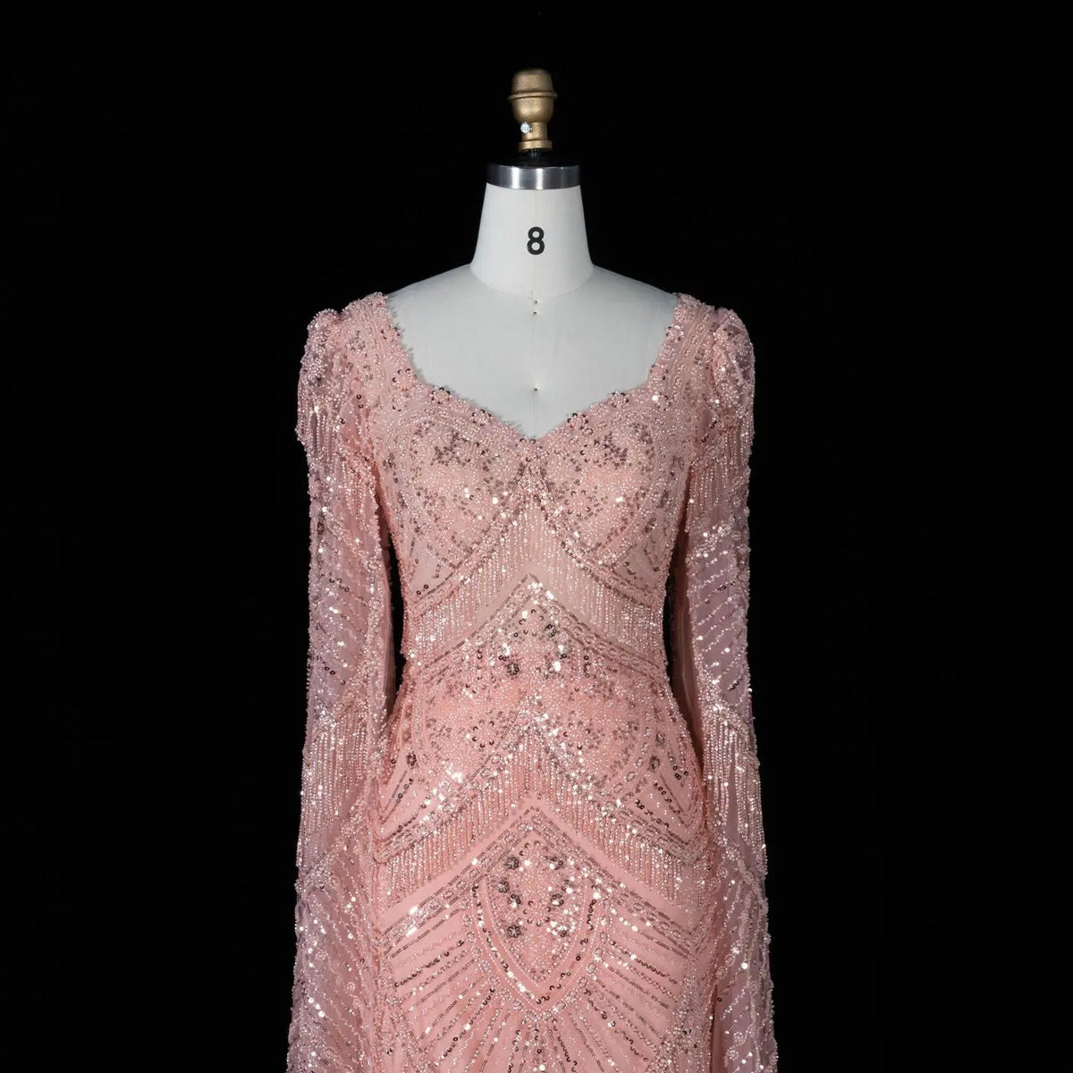 SS015 pink geometric beaded V-neck long sleeve evening dress