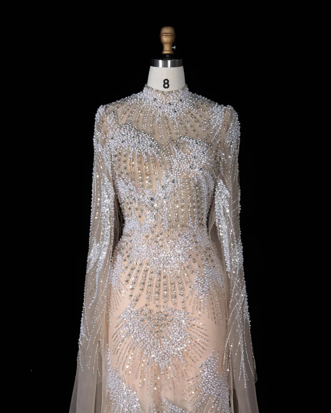 SS022 white nude crystal beaded long sleeve evening gown