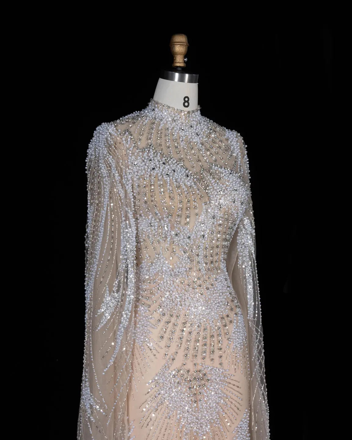 SS022 white nude crystal beaded long sleeve evening gown