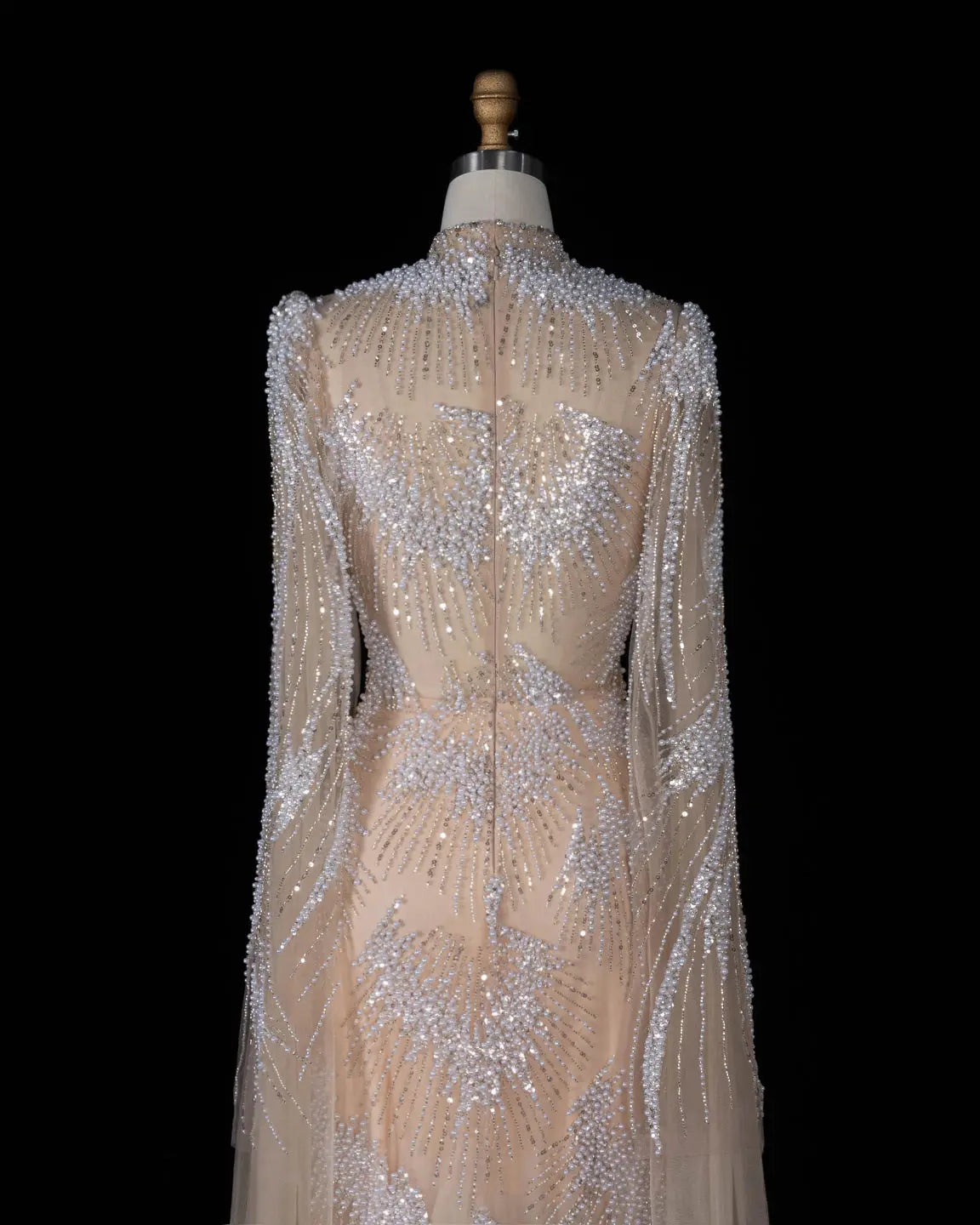 SS022 white nude crystal beaded long sleeve evening gown