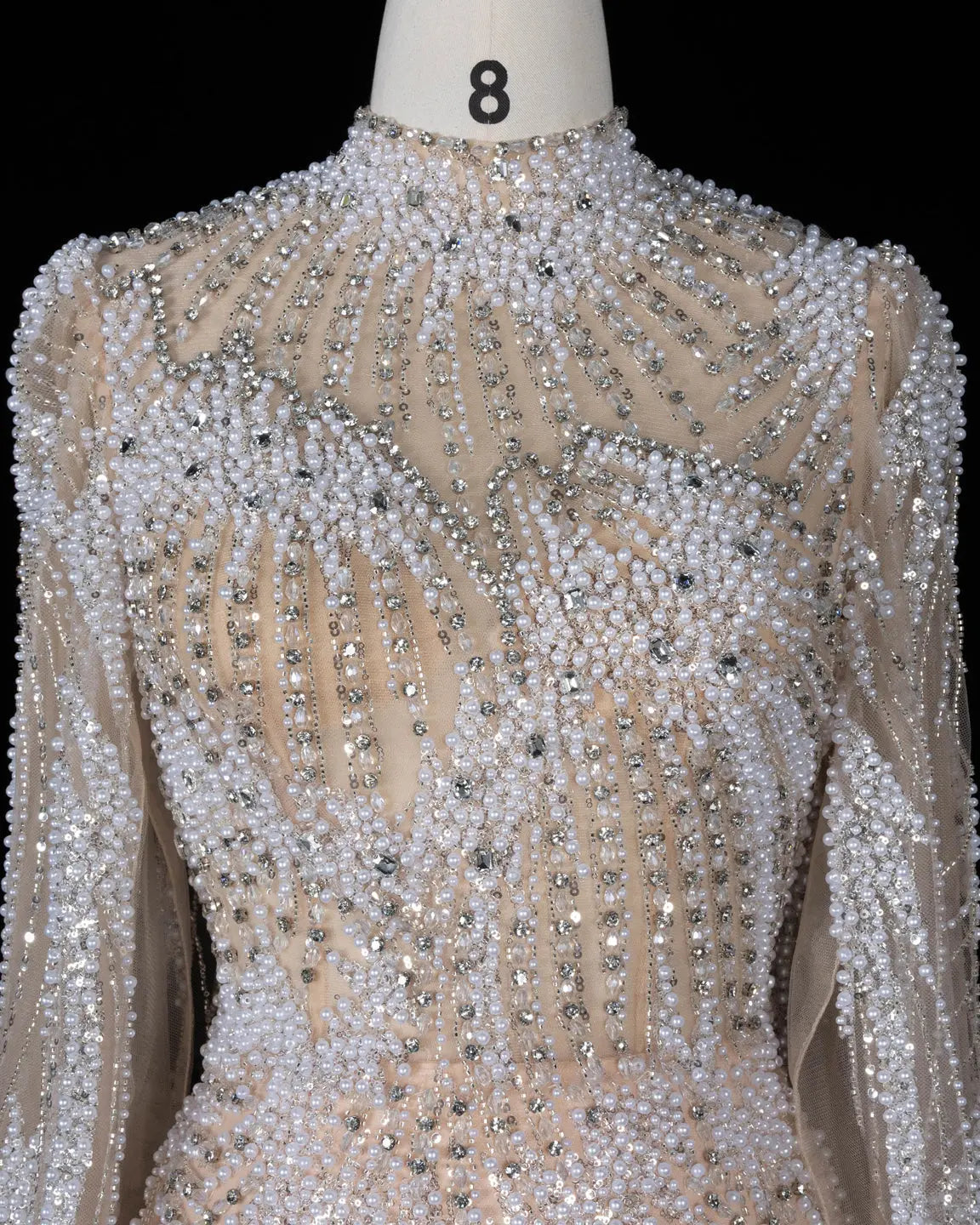 SS022 white nude crystal beaded long sleeve evening gown