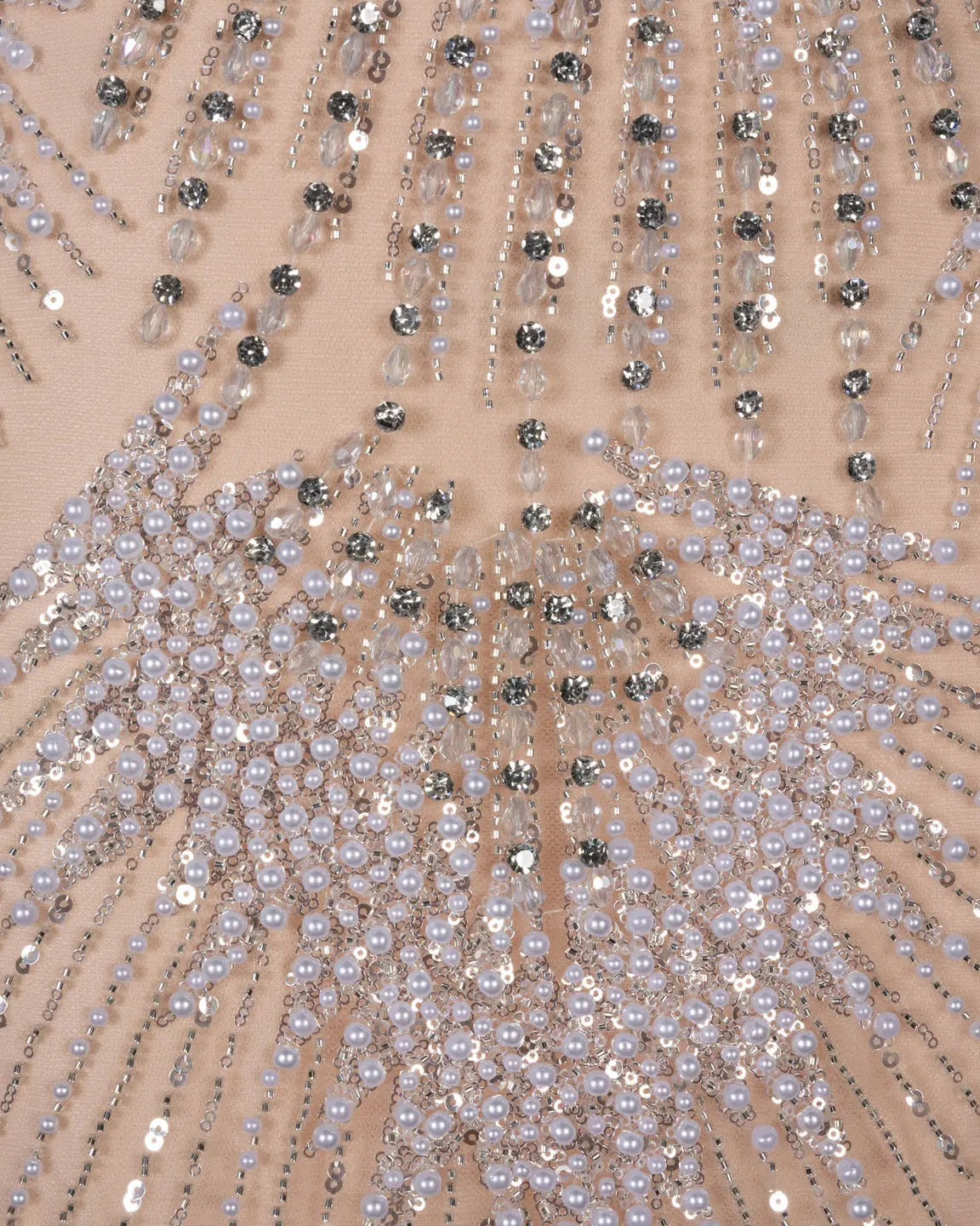 SS022 white nude crystal beaded long sleeve evening gown