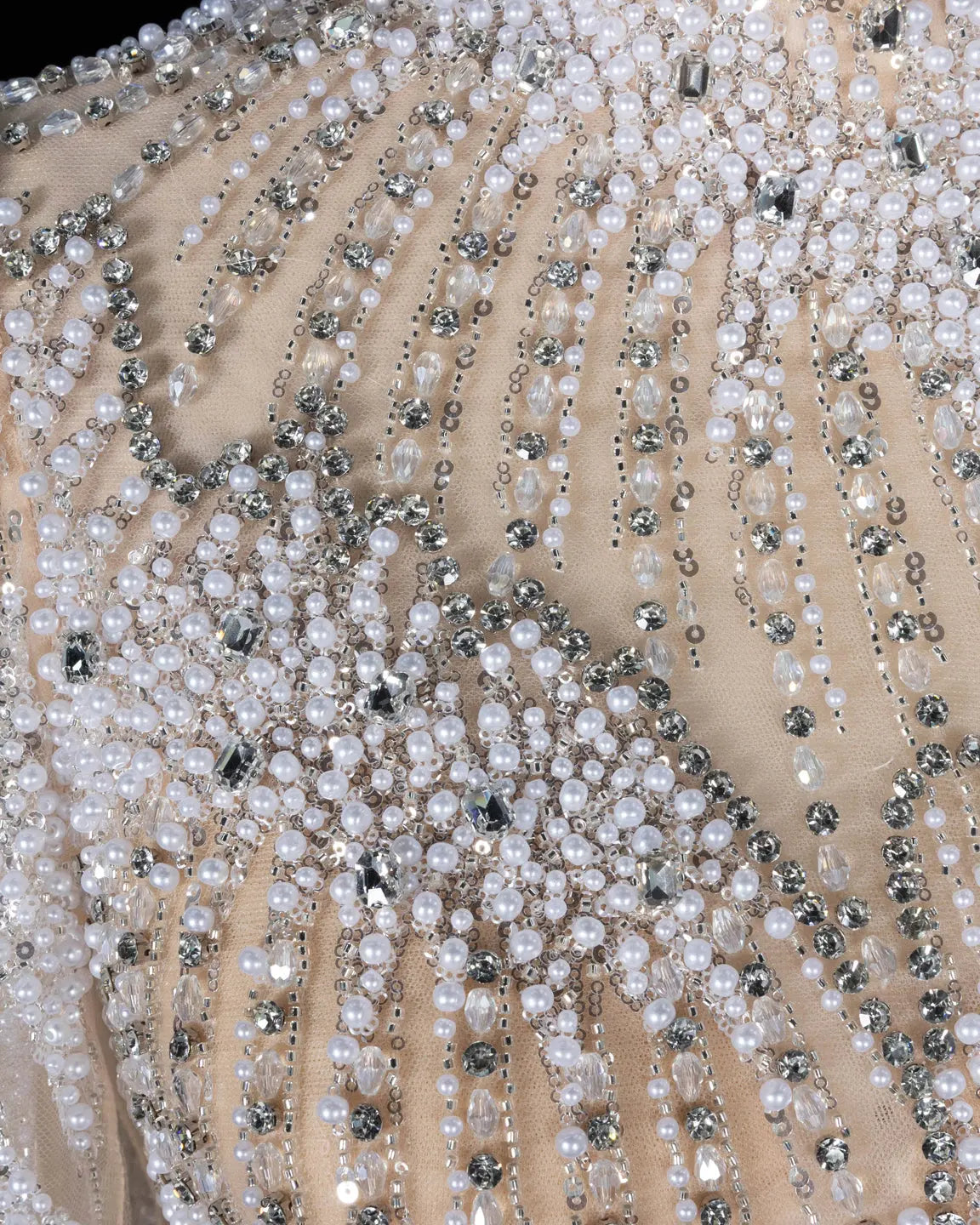 SS022 white nude crystal beaded long sleeve evening gown