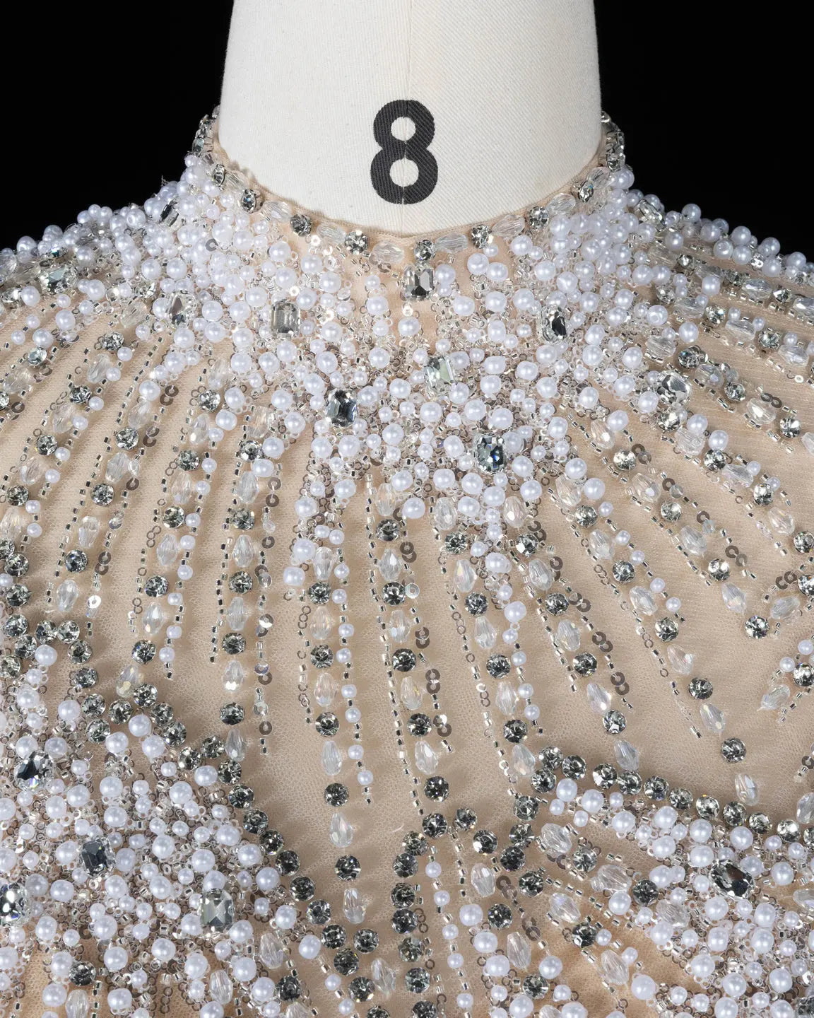 SS022 white nude crystal beaded long sleeve evening gown
