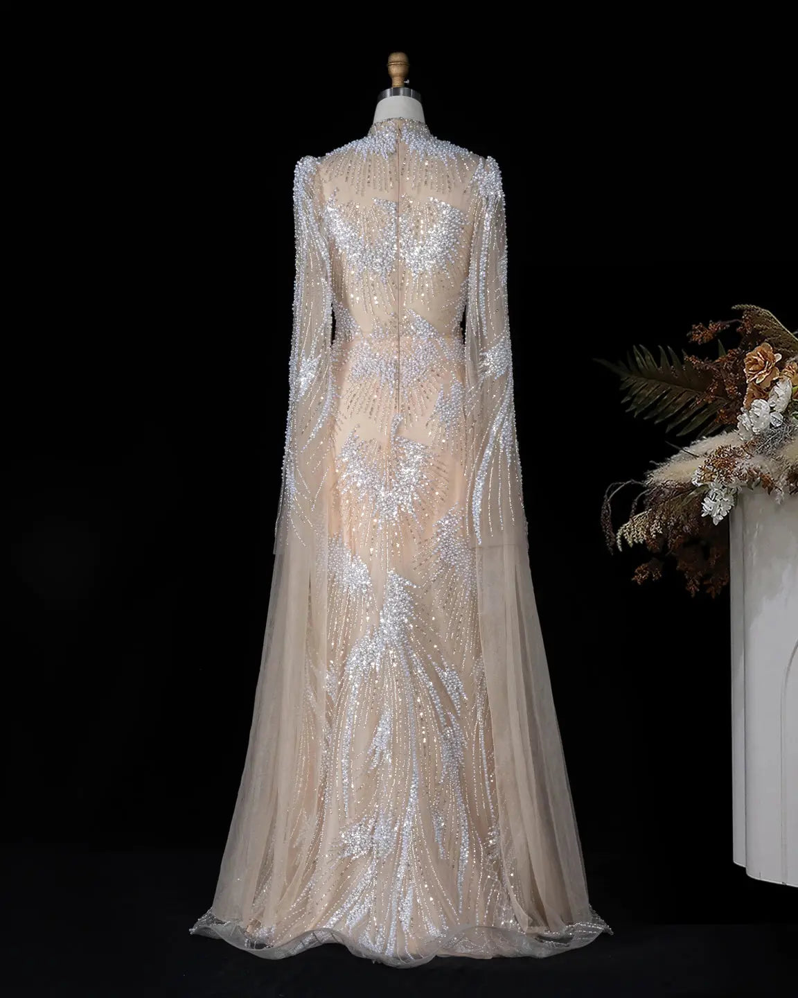 SS022 white nude crystal beaded long sleeve evening gown