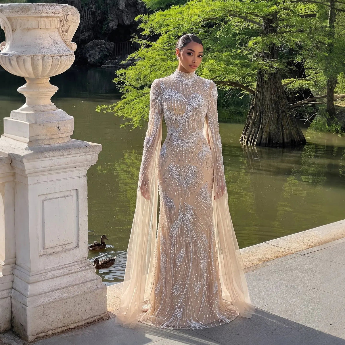 SS022 white nude crystal beaded long sleeve evening gown