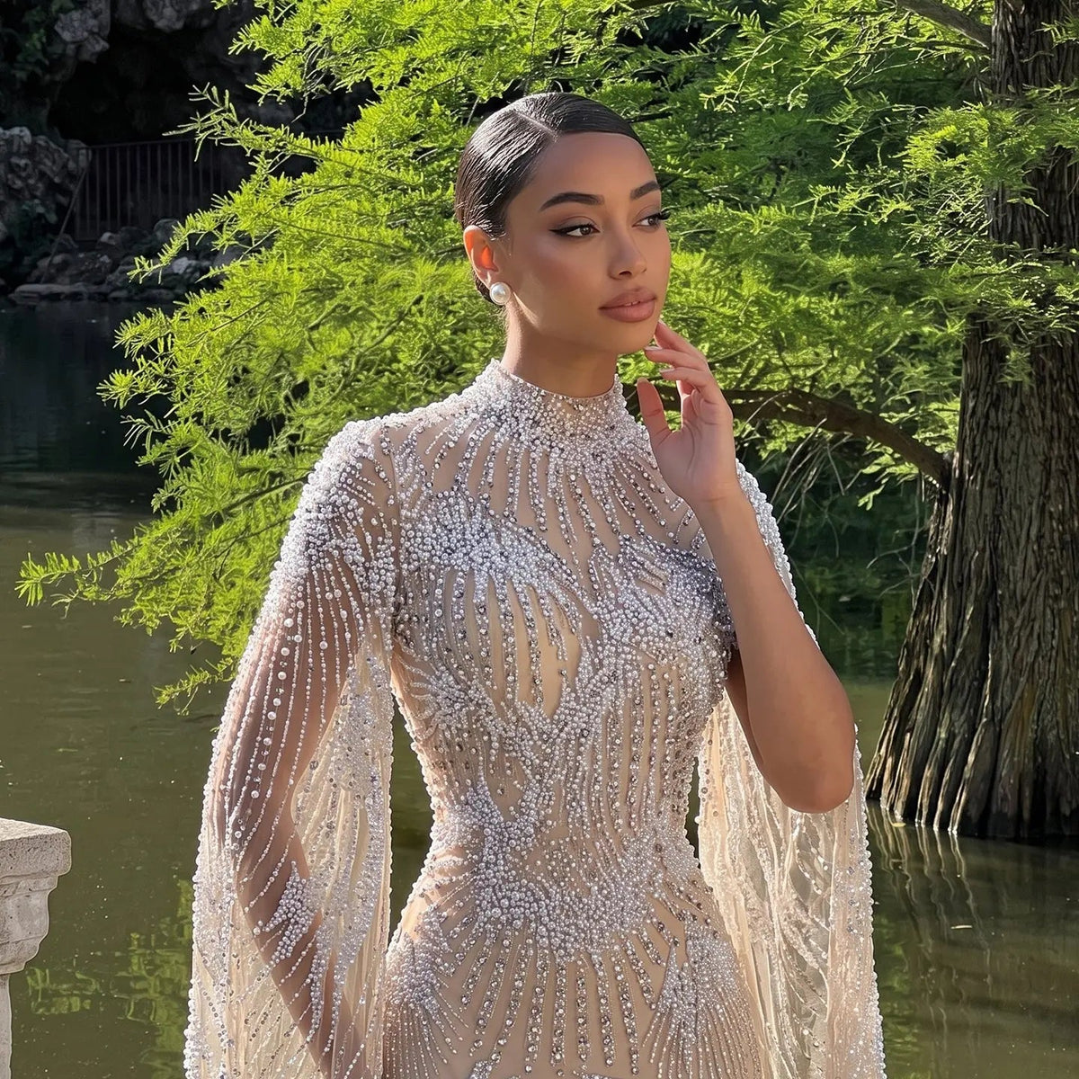 SS022 white nude crystal beaded long sleeve evening gown