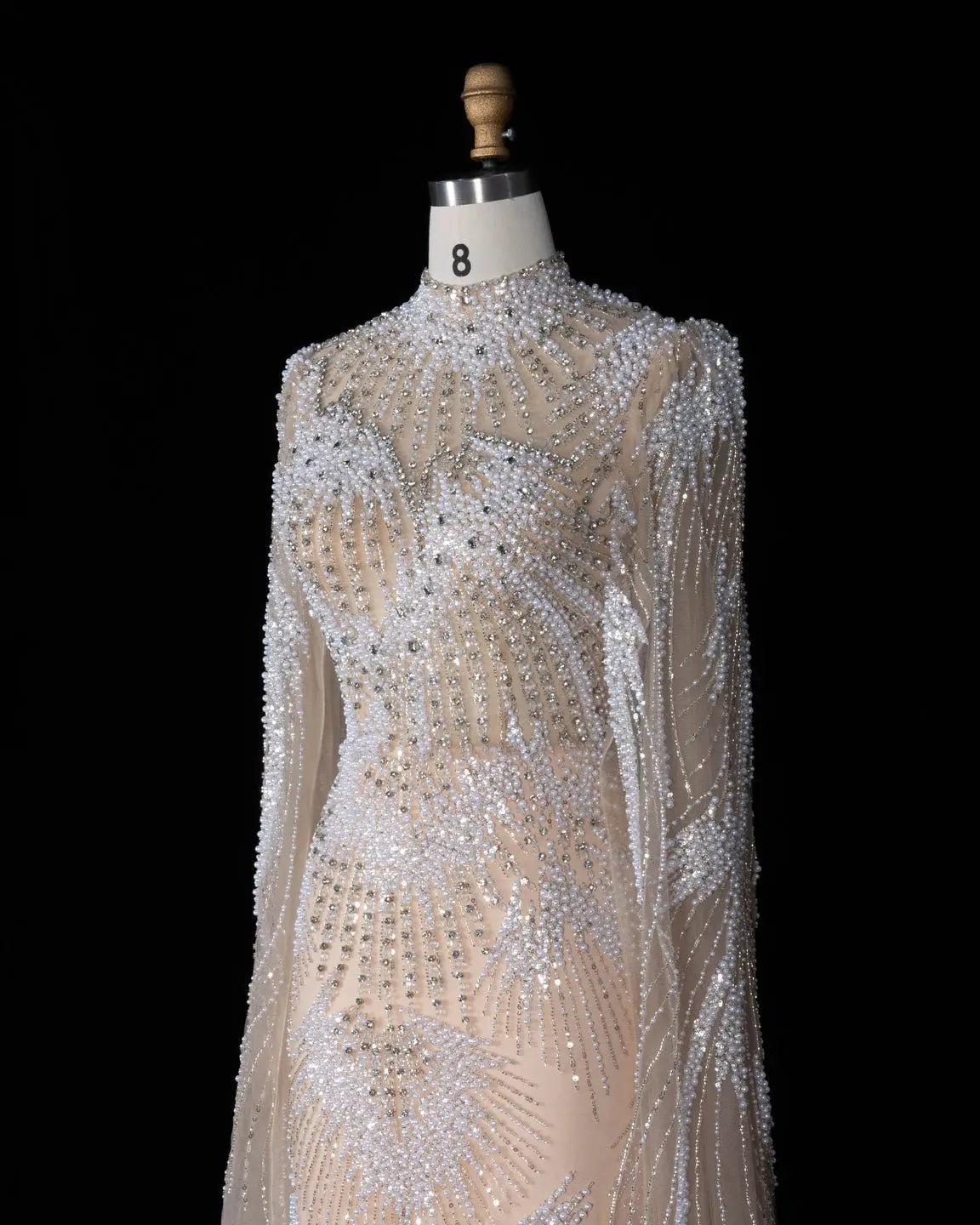 SS022 white nude crystal beaded long sleeve evening gown