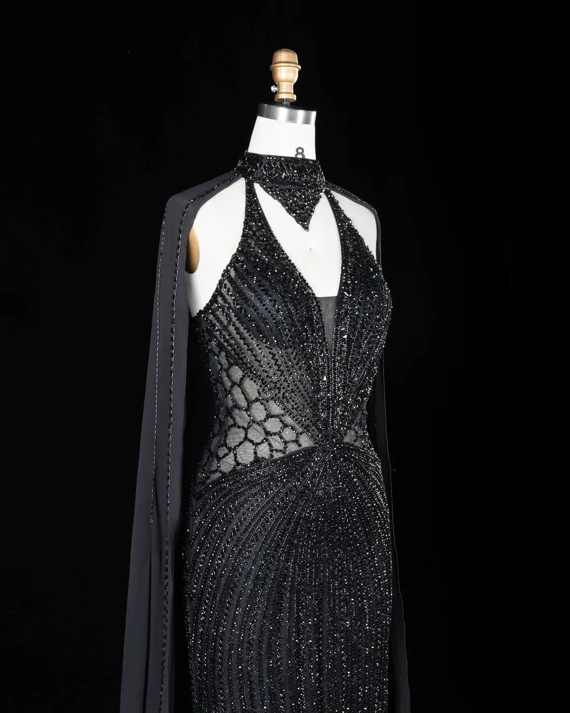 SS049 Black beaded halter cape evening dress view 1