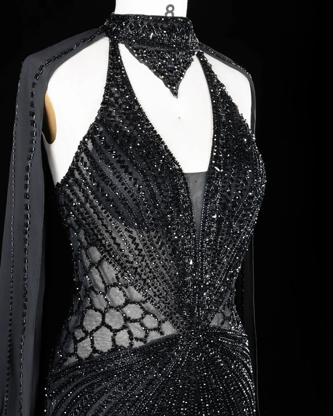 SS049 Black beaded halter cape evening dress view 2