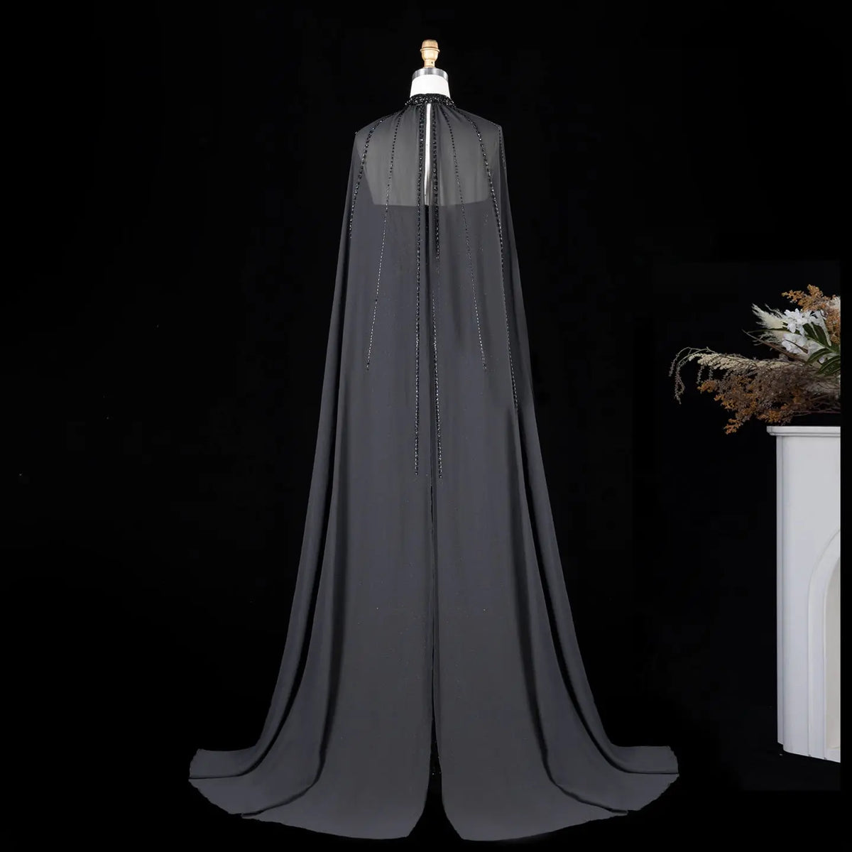 SS049 Black beaded halter cape evening dress view 3